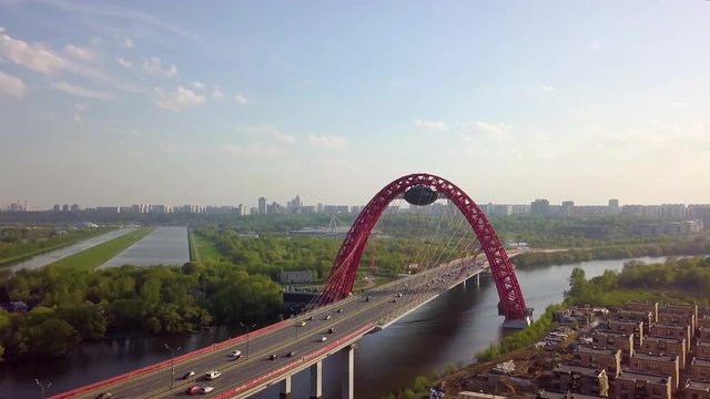 Aerial view in the area of Mitino, North and South Tushino, Pavshino, Silver Boron Park. Moscow River Canal, a view of the cityscape.