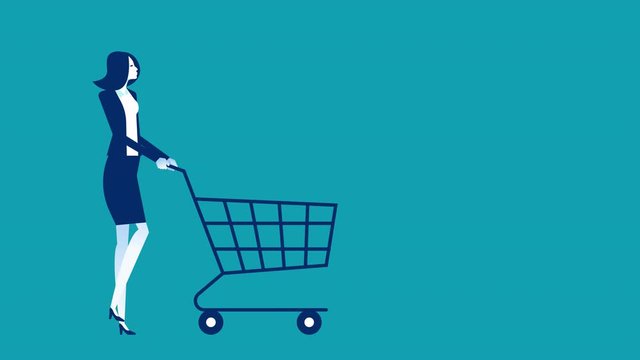 Businesswoman walking with shopping cart. 4K animation footage, Business cartoon motion graphic
