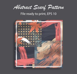 Abstract scarf pattern design for hijab and blanket. Hijab scarf with splash brush ink and leaves for Printing Production.
