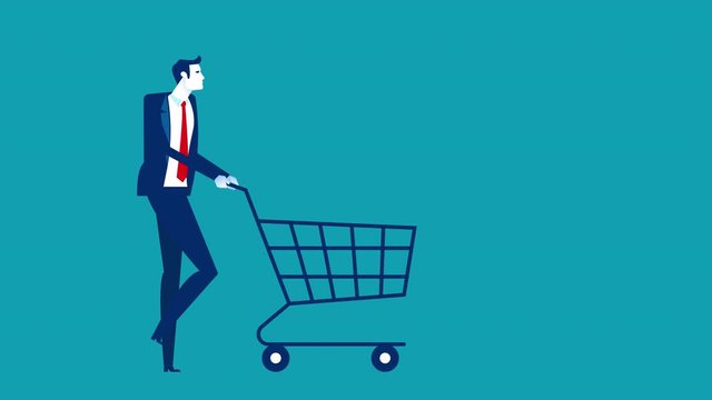 Businessman walking with shopping cart. 4K animation footage, Business cartoon motion graphic
