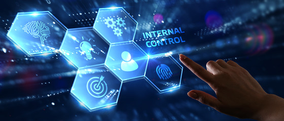 Businessman presses button internal control on virtual screens. Business, Technology, Internet and...