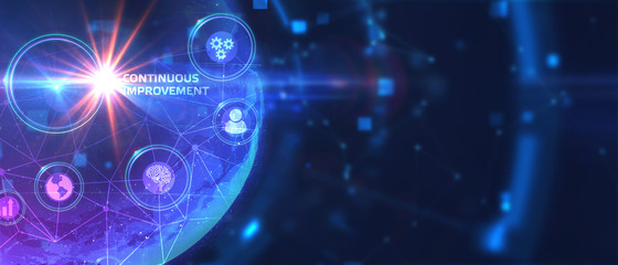 The concept of business, technology, the Internet and the network. A young entrepreneur working on a virtual screen of the future and sees the inscription: Continuous improvement