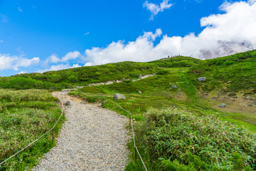 Fototapeta na wymiar Scenery of natural and walkway for hiking at Asahidake peak mountain and blue cloudy sky in summer, Asahikawa, Hokkaido, Japan. The tallest mountain in Japanese island of Hokkaido
