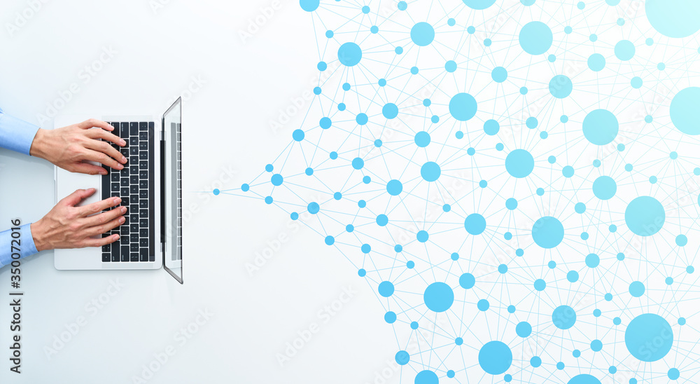 Aufkleber Network technology and information processing. Top view of business man using laptop. Blue network structure.