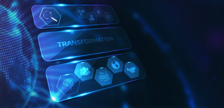 Business, Technology, Internet and network concept. Businessman presses button transformation on virtual screens.