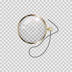 Golden monocle with lace isolated on checkered transparent background. Realistic vector illustration. - obrazy, fototapety, plakaty