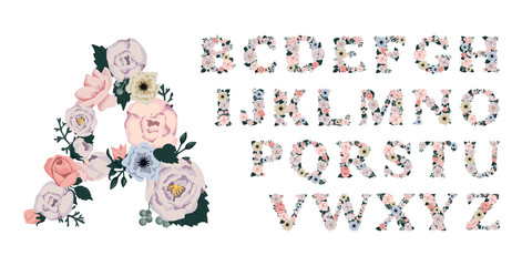 Floral alphabet. Letters with flowers and leaves. Alphabet spring and summer flowers. Vector isolated illustration on white background