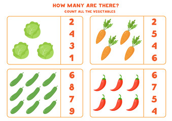 Counting game for kids. Cute set of vegetables.