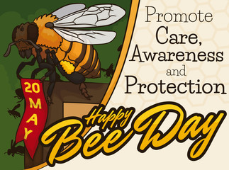 Bee over Honeycomb Holding a Ribbon to Celebrate Bee Day, Vector Illustration