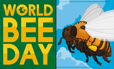 Flying Bee in Sky and Sign to Celebrate World Bee Day, Vector Illustration
