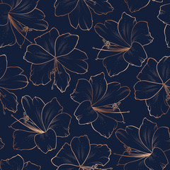 Exotic lily flowers bloom blossom seamless pattern texture. Copper gold shiny glow outline. Navy dark blue background.