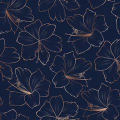 Zelfklevend Fotobehang Blauw goud Exotische lelie bloemen bloeien bloesem naadloze patroon textuur. Koper goud glanzende gloed overzicht. Marine donkerblauwe achtergrond.