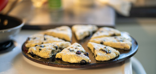 Blueberry scones cut in triangles on a round baking sheet.
