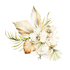 Obraz premium Watercolor boho bouquet with hand painted tropical wild flowers of white orchid, green palm leaves and branches of pampas. floral bohemian arrangement perfect for fabric textile, wedding cards 