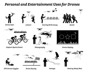 Drone usage and applications for personal and entertainment. Vector icons of drones uses on leisure, social, sports event, photography, record footage, racing game, display, and scaring birds away.