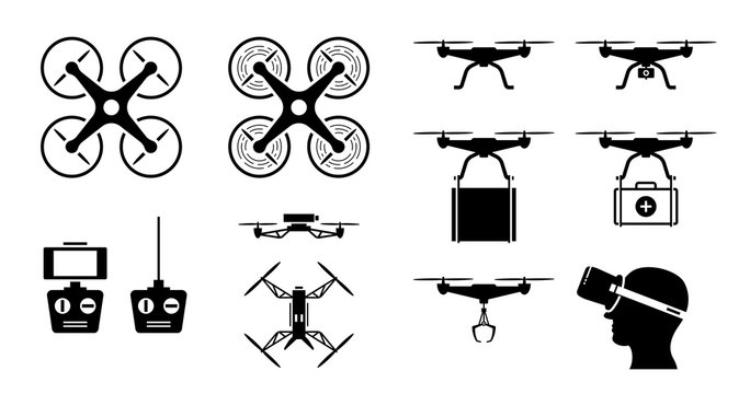 Drone icon set with gadget and accessories. Vector icons of drones in top and side view. Drone remote controller with phone screen, camera, claw, and FPV goggles. Drone send parcel and medical supply.