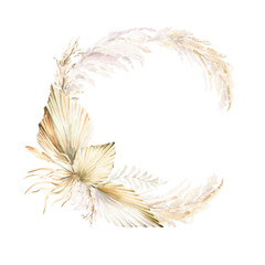 Watercolor boho wreath with hand painted tropical wild flowers, palm leaves and branches of pampas. Romantic floral bohemian set perfect for fabric textile, wedding cards or scrapbooking © 60seconds