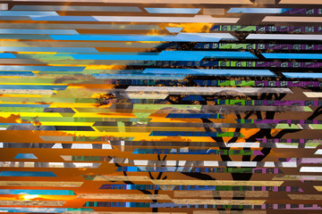 Multicolor flickering background. Tree, animals and house on the background of stripes. A very...