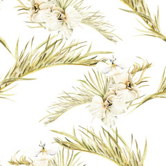 Watercolor boho seamless pattern - hand painted tropical flowers of white orchid, palm leaves and branches of pampas. Romantic floral bohemian set perfect for  wedding cards or scrapbooking