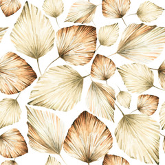 Watercolor boho seamless pattern - hand painted tropic dried palm leaves and branches. Romantic floral bohemian set perfect for fabric textile, wedding cards or scrapbooking