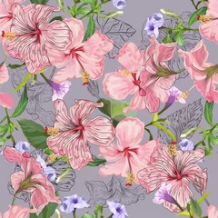 Fotobehang Spring flower Hibiscus and Ruellia tuberosa seamless pattern vector illustration © Weera