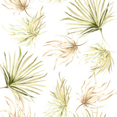 Watercolor boho seamless pattern - hand painted tropic dried palm leaves and green branches. Romantic floral bohemian set perfect for fabric textile, wedding cards or scrapbooking