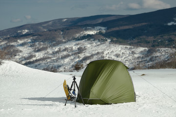 Sicily Adventure In Winter Tent With Snowshoes On Snow Of Nebrodi Mountains