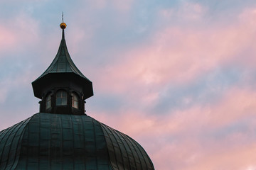 Close up detail shot of the Seekirchl  Church dome in Seefeld, Austria at sunset