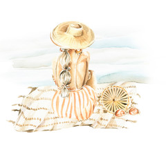 Watercolor summer set - hand painted fashion girl in hat, sundress, sitting on the sea beach with boho bag, sunglasses. Romantic illustration perfect for fabric textile or scrapbooking