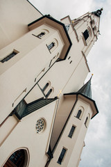 Front facade of the church of the Assumption of Mary / Mariä Himmelfahrt , Bad Tölz, Bavaria, Germany