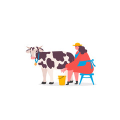 Young Milkmaid Woman Farmer in Uniform near Cow. Milk and Dairy Agriculture Products concept. Vector Illustration
