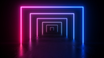Fototapeta premium neon light shapes on black background,rainbow colors, empty space, 80's retro style, fashion show stage, abstract background, 3d rendering,conceptual image