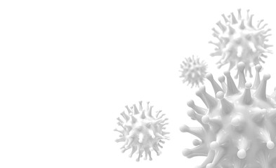 White virus bacteria cells 3D render background image trendy medical background. Flu, influenza, coronavirus model illustration. Covid-19 banner.