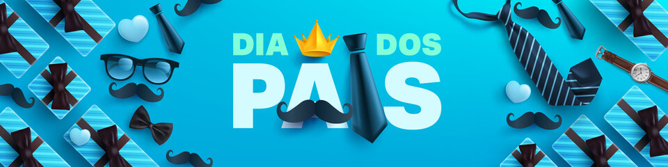 Happy Father's Day card in portuguese words with necktie,glasses and gift box for dad on blue.Promotion and shopping template for Father's Day.Vector illustration EPS10