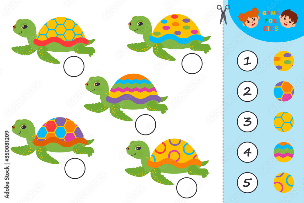 Wall mural game for preschool children. match parts of cute cartoon turtles. ctivity page for kids. children fu