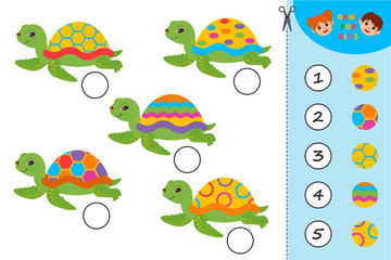 Game for Preschool Children. Match parts of cute cartoon turtles. ctivity page for kids. Children funny riddle entertainment