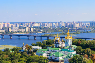 Fototapeta premium View of Kiev Pechersk Lavra (Kiev Monastery of the Caves) and the Dnieper river in Ukraine. View from Great Lavra Bell Tower