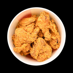 Set of fried chicken in round box for take away solated on black background