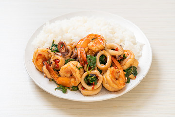 rice and stir-fried seafood with Thai basil