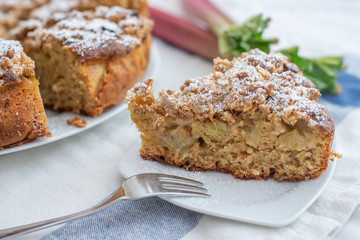 Home made Sweet Rhubarb cake with fresh rhubarb and cinnamon streusel
