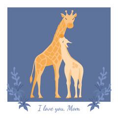 Vector card with giraffe mother and baby. Mother's love to her child