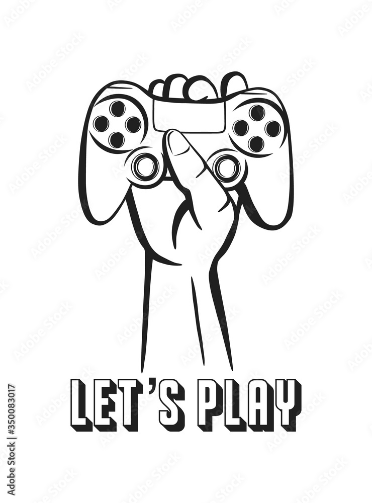 Fototapete let's play. vector gamer logo. illustration of a joystick in the hand. black and white image of the 