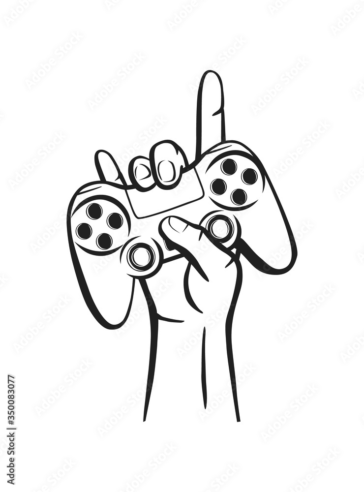 Fototapete vector illustration of a gamepad with hand and rock and roll sign.logo for teen gamer with joystick 