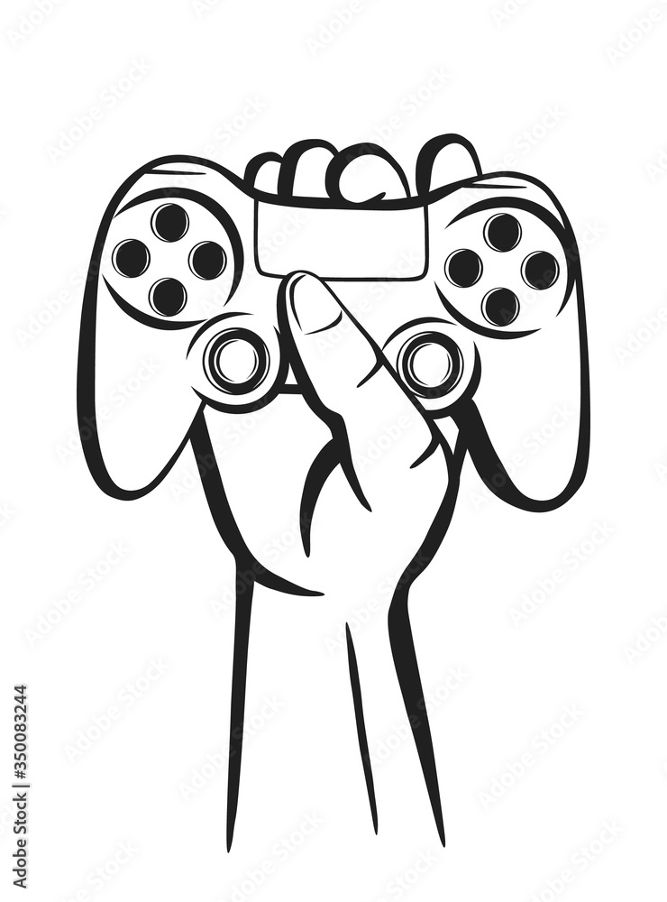 Fototapete gamer illustration. vector of a joystick in the teen hand. black and white image of a game console f