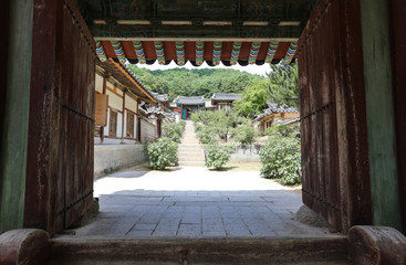 Inside view overlooking the front gate of Korean traditional house. Dosanseowon, Andong, Gyeongsangbuk-do.