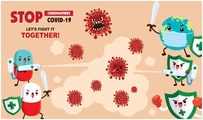 Vector cartoon hero character fighting with virus. COVID-19 Novel Coronavirus illustation.