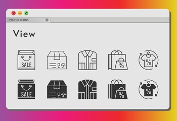 view icon set. included shopping bag, package, shirt icons on white background. linear, filled styles.