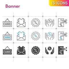 banner icon set. included newsletter, voucher, closed, discount icons on white background. linear, bicolor, filled styles.