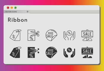 ribbon icon set. included sale, voucher, price tag, discount icons on white background. linear, filled styles.