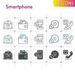 smartphone icon set. included online shop, wallet, chat, phone call icons on white background. linear, bicolor, filled styles.